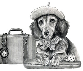 Ritratto a grafite di cane bassotto con una valigia, illustrazione isolata su sfondo bianco - obrazy, fototapety, plakaty