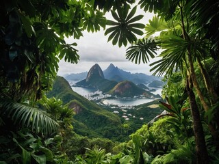 Fototapeta na wymiar Tropical mountain vista framed by lush foliage.