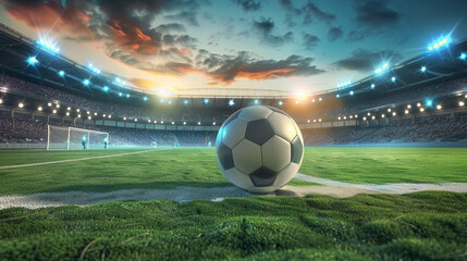 A soccer ball is on the field in front of a stadium
