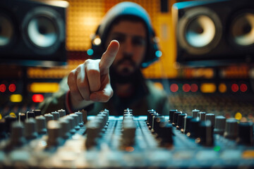 A man is pointing at a sound board with a hand