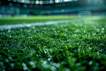 A soccer field with a green grassy field and a white line - obrazy, fototapety, plakaty