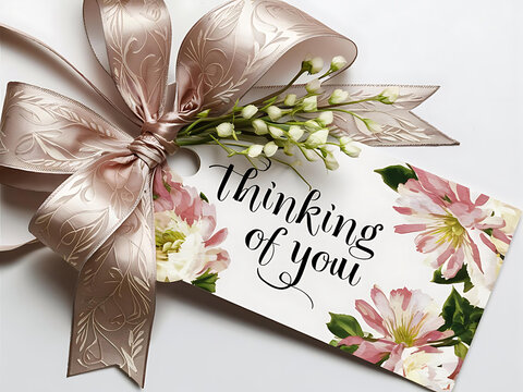 Stunning floral gift tag adorned with silk ribbon. The ribbon is tied in a bow with a delicate handwritten message: 'Thinking of you' on a white background.