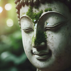 Closeup Buddha statue illustration against green background