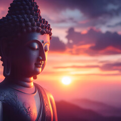 Buddha statue illustration against sunrise background