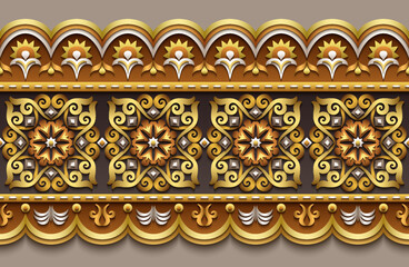 Modern vector volumetric floral ornamental stripe border. Trendy craft style illustration. 3d effect imitation