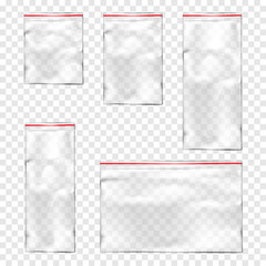 Clear plastic pouch with zip lock. Vector mock-up set. Transparent empty zipper PVC package. Mockup kit. Ziplock resealable vinyl bag. Template collection - 784516172