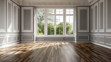 A stylish and modern interior featuring a combination of wooden flooring, sleek white walls, and expansive glassy windows that flood the room with natural light.