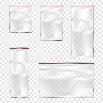 Clear plastic pouch with zip lock. Vector mock-up set. Transparent empty zipper PVC package. Mockup kit. Ziplock resealable vinyl bag. Template collection