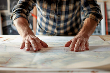 A man is drawing on a map with his hands