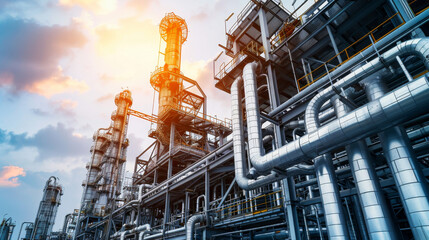 A large industrial plant with many pipes and a cloudy sky in the background - Powered by Adobe