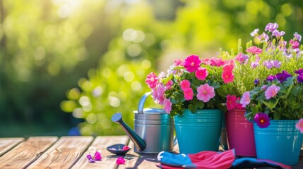 Colorful flower pots with watering can and gloves on wooden table on sunny garden background. banner with copy space