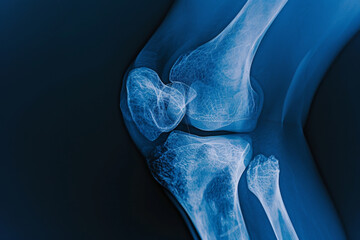 A knee joint is shown in a blue and white color - obrazy, fototapety, plakaty