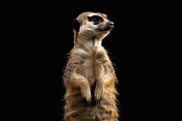 A small brown and white animal with a long tail stands on a black background