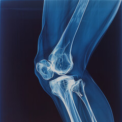 A blue and white x-ray of a knee