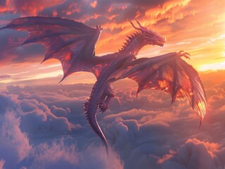 Dragon with expansive wings glides above a cloud-covered landscape at sunset, perfect for fantasy book covers or game backgrounds