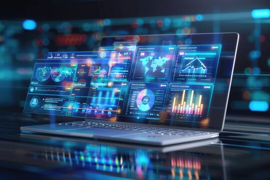 Illustration of a laptop with a graphical overlay of various business intelligence (BI) dashboards.