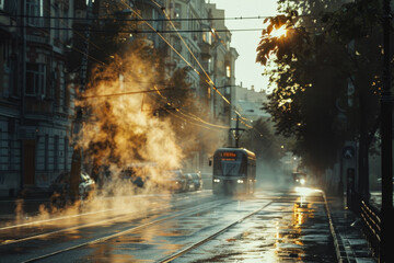 A train is driving down a wet street with steam coming out of the front