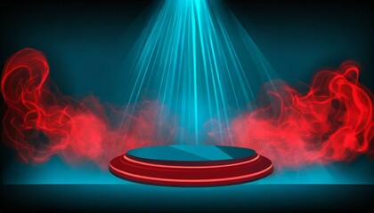 Enigmatic Atmosphere: Realistic Red Smoke on 3D Blue Podium