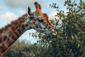 A giraffe is eating leaves from a tree
