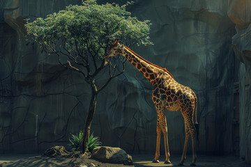 A giraffe is standing in front of a tree, eating leaves - Powered by Adobe