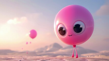 A colorful balloon with a cute face, big expressive eyes, and a smiley face, soaring high in the sky against a backdrop of fluffy clouds. - obrazy, fototapety, plakaty