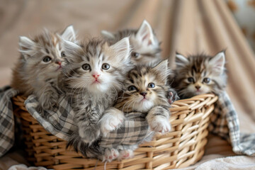 A basket full of kittens with their eyes closed