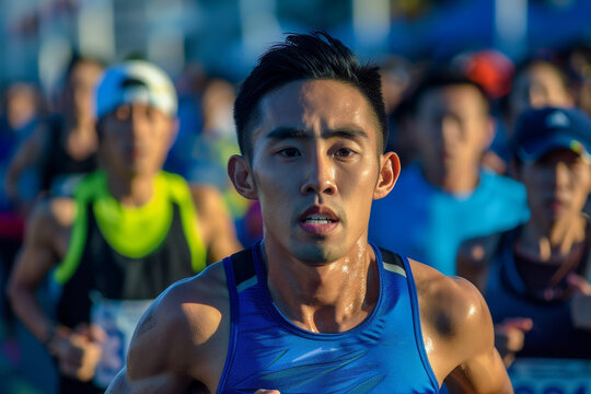A man in a blue tank top is running in a race