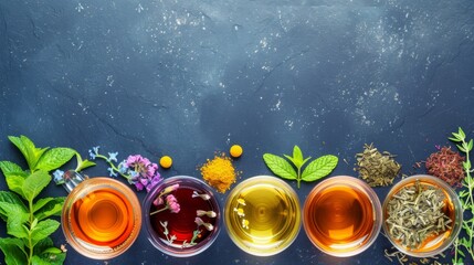 Different herbal teas made from natural herbs, showcased from above with room for text - obrazy, fototapety, plakaty