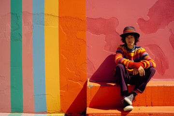 Young man sits on a pink wall with a colorful striped sweater on