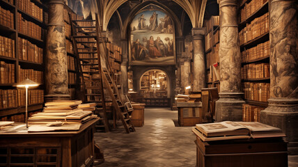 An ancient library with ancient books and manuscripts. - obrazy, fototapety, plakaty
