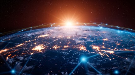 Digital data network conveying global abstract illustration of a scientific technology data network surrounding planet earth conveying connectivity