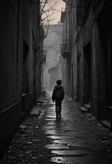 A boy walks in a dark alley at midnight in a blackandwhite photo
