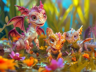 Playful Baby Dragons,cheerful setting, great for lighter, humorous content or children's entertainment