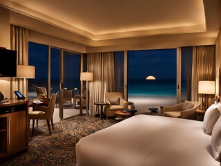  hotel room at night with beach, Generate Ai 