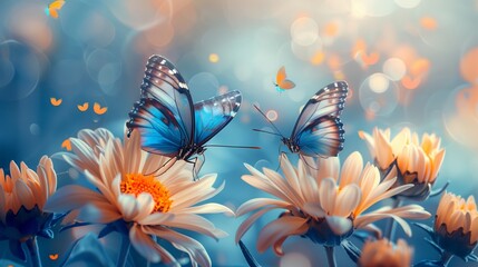 Fototapeta na wymiar Dreamy Blue Butterflies on Orange-Tinged Flowers