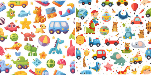 Seamless print with kid colorful toys, cute baby transport animals and puzzle games