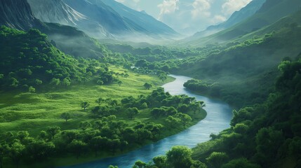 river winding through a peaceful valley - obrazy, fototapety, plakaty