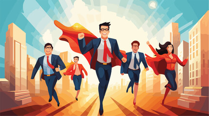 Team of business superheroes flying into sky. Power