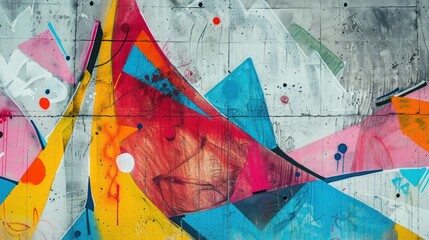 Naklejka premium A colorful geometric mural of triangles and circles in pink, blue, yellow, and red.