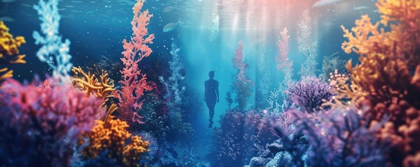 A diver in a colorful coral reef.