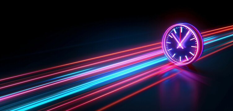 Neon clock with light trails on black background,time and speed concept,copy space,time theme. - Powered by Adobe