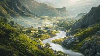 river winding through a peaceful valley - obrazy, fototapety, plakaty