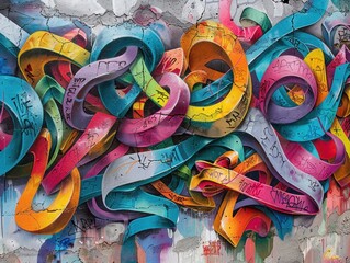 A photo of a graffiti-covered wall with bright colors and intricate designs.