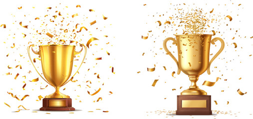 Glossy gold cup with confetti and sports prize with laurel wreath