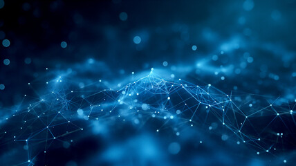 Blue abstract background with a connected network grid and particles