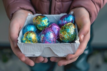 Colorful Easter egg in box with foil wrapping held by person in festive celebration setting