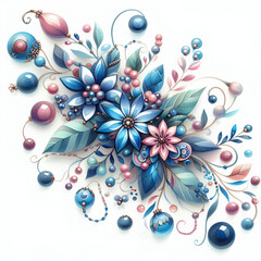 흰 배경, 꽃과 나뭇잎, 구슬의 조화로운 디자인 
(White Background,  a harmonious design of flowers leaves, and beads)