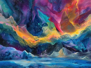 Colorful abstract painting of a mountain landscape with a starry night sky and a glowing lake.