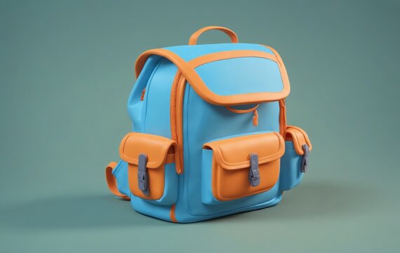 A blue and orange backpack rests on a green surface