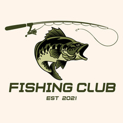 Fishing logo. Fishing vector illustration for logo, stamp, emblem, badge. Fishing sport. Vintage fishing logo with rod